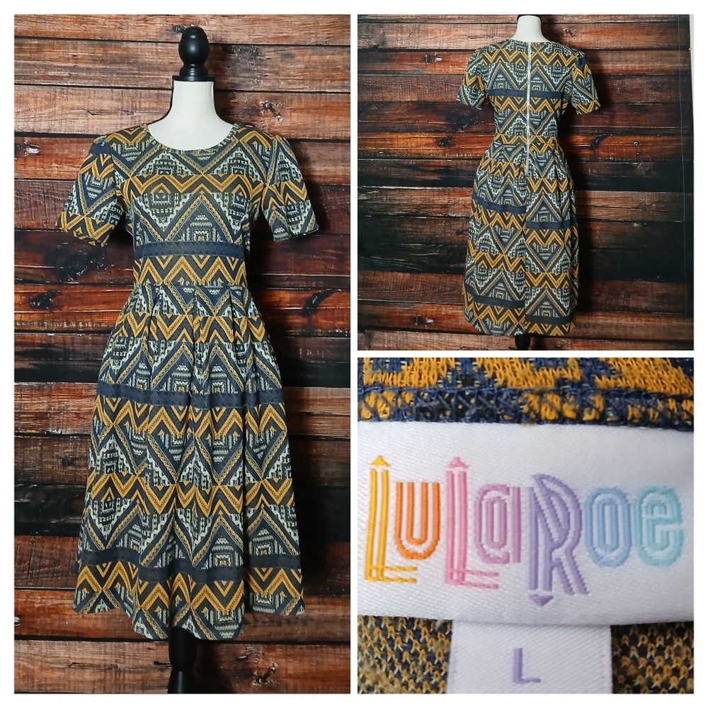 LuLaRoe Amelia Dress Size L Bohemian Aztec Pleated Short Sleeve Pockets Zip
